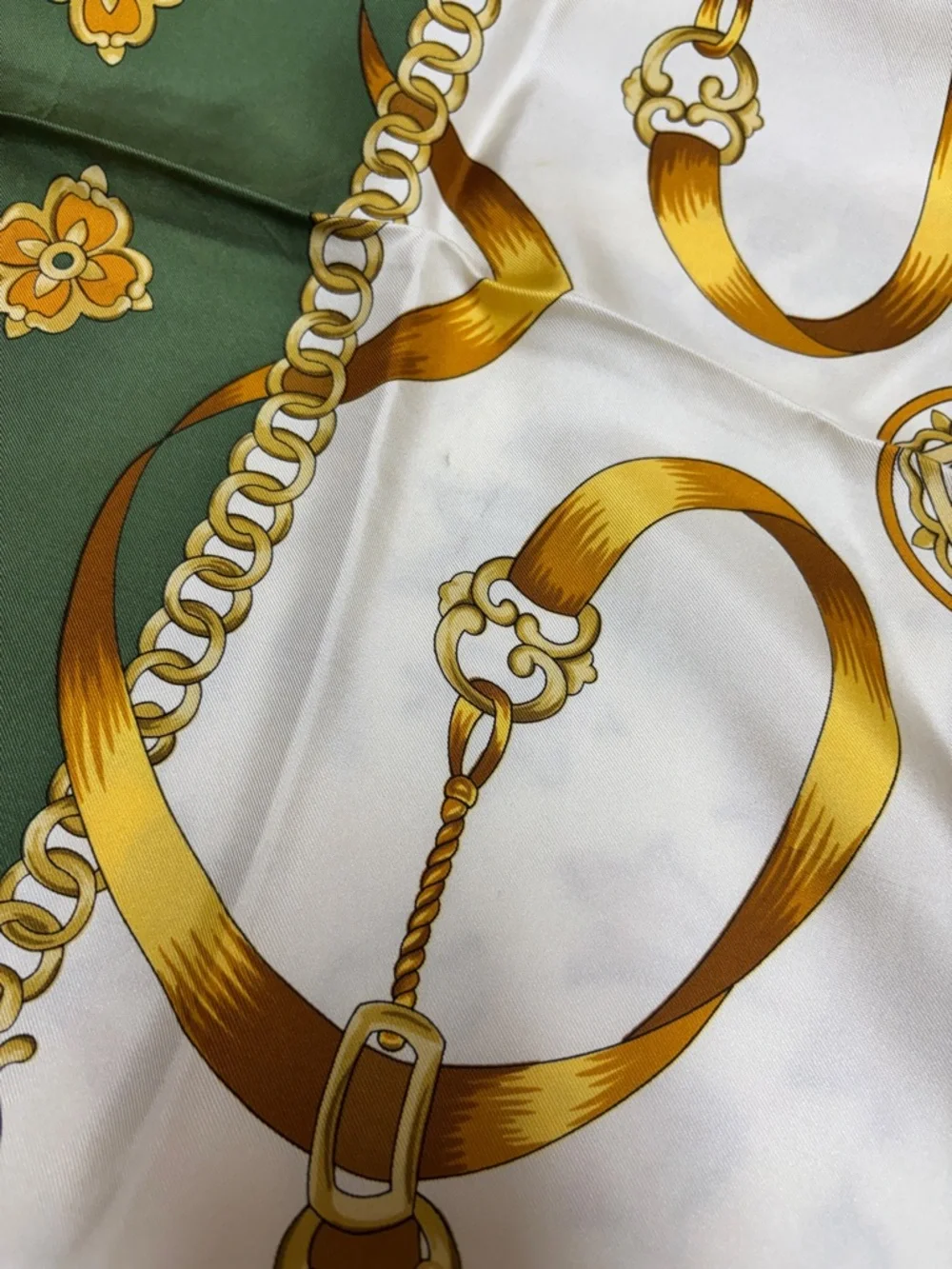 Vintage Silk Green & Gold Printed Scarf